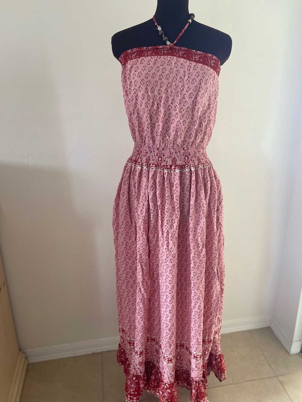 easel Pink Strapless Boho Maxi Dress with Burgundy Trim